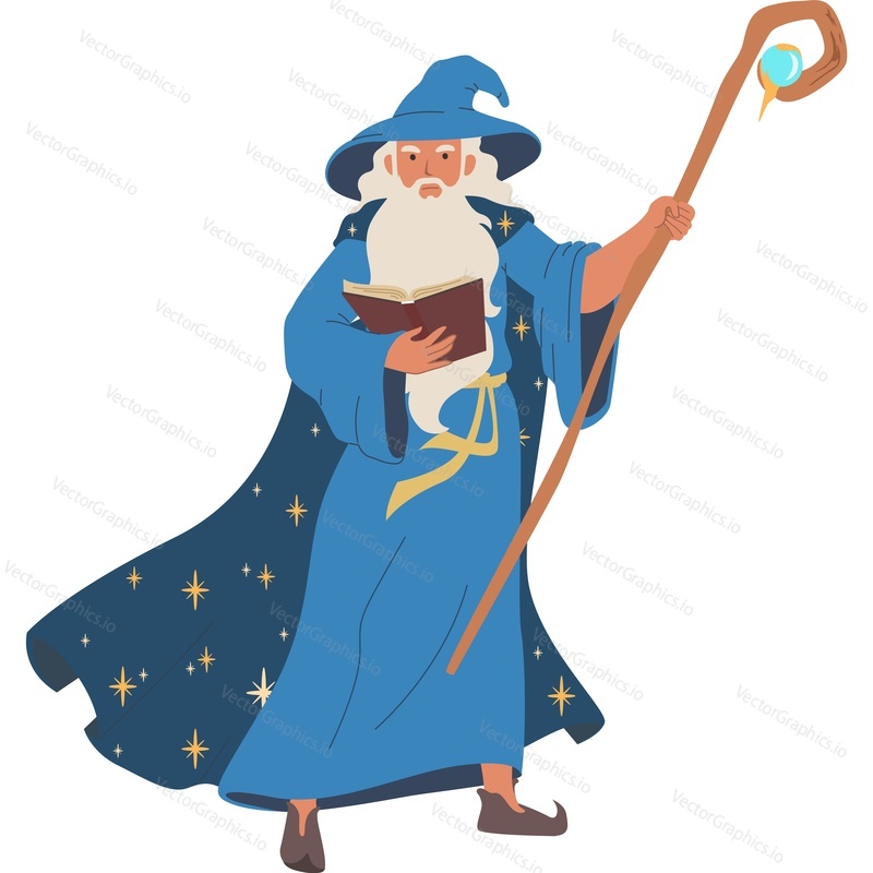 Male wizard with staff reads spell using book vector icon isolated on white background.