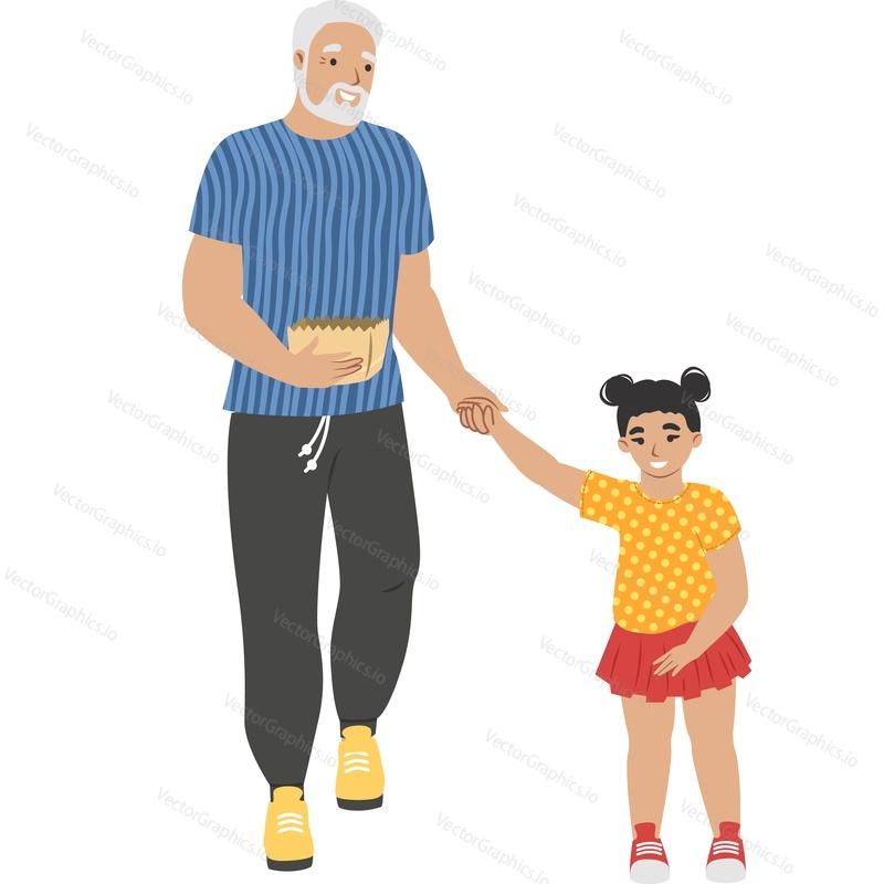 Дедушка, гуляющий с внучкой на открытом воздухе, векторная иконка, изолированная на белом фоне