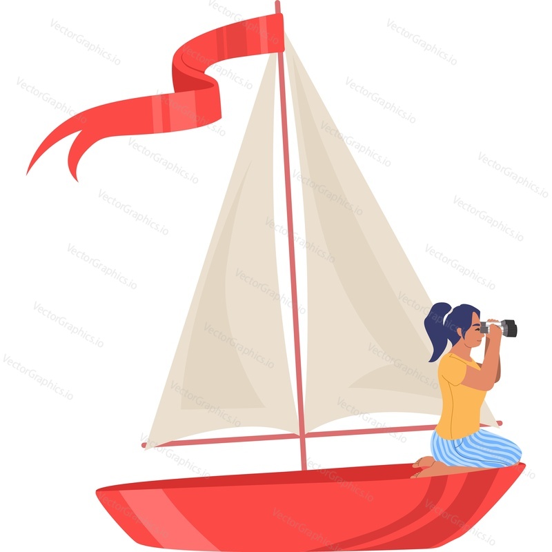 Woman riding sailboat looking through binocular vector icon isolated on white background