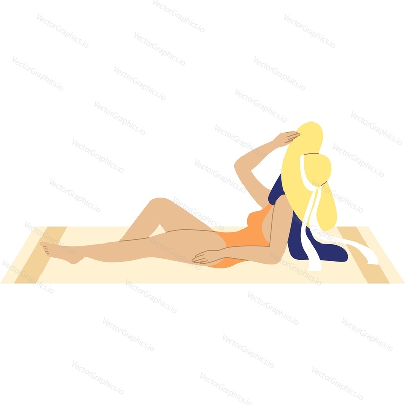 Элегантная женщина, загорающая на пляже, векторная иконка, изолированная на белом фоне.