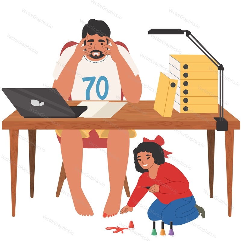 Раздраженный мужчина, работающий дома, в то время как дочь играет поблизости, векторный значок, изолированный на белом фоне