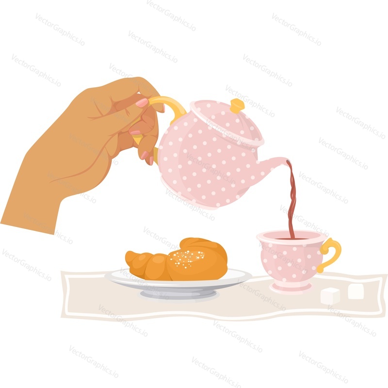 Hand pouring tea from teapot in cup vector icon isolated on white background