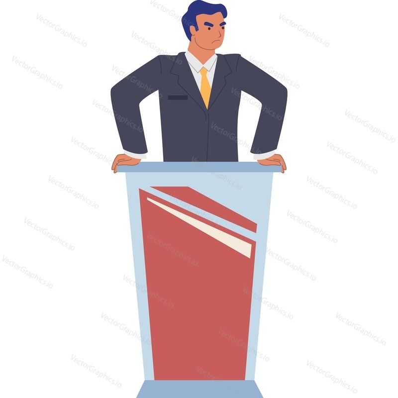 Dissatisfied angry man behind podium participates in political debate vector icon isolated on white background.