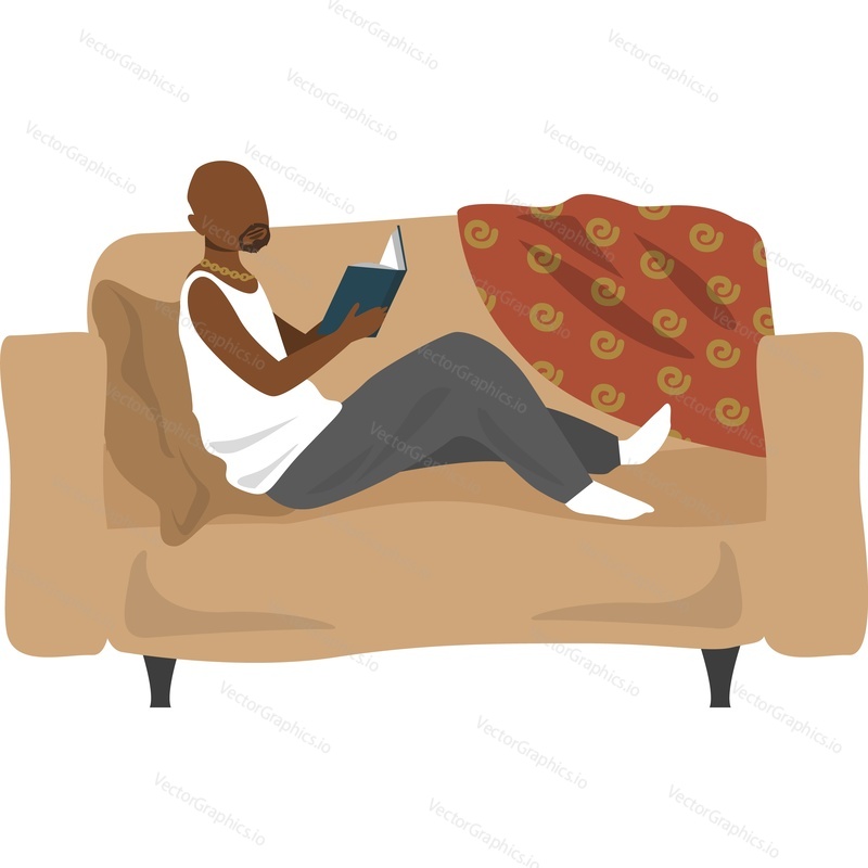 Man character reading book on sofa couch vector icon isolated on white background.