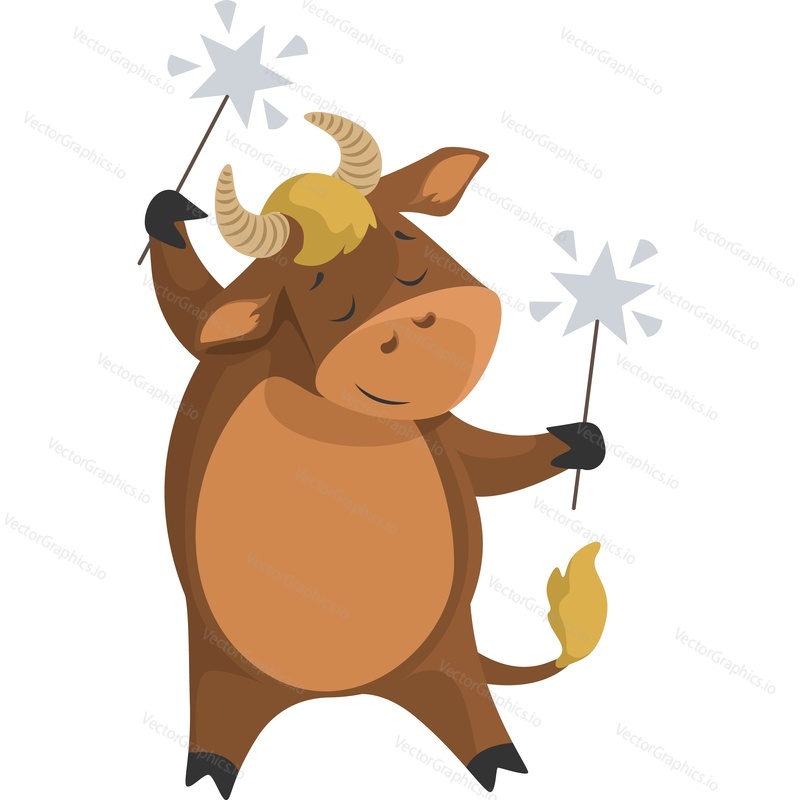 christmas cow character holding stars lights vector icon isolated on white background.
