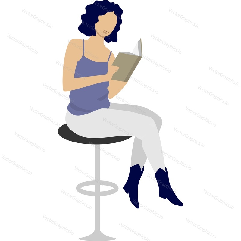 Женский персонаж читает книгу, сидя на табурете, векторная иконка изолирована на белом фоне.