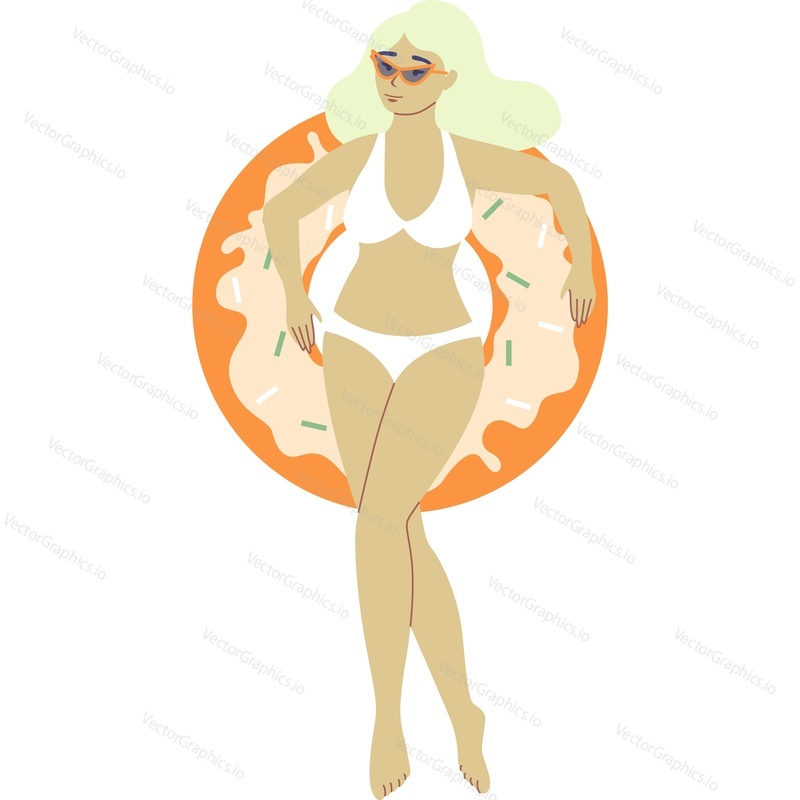 Элегантная молодая женщина в купальниках плавает в надувном круге с векторной иконкой пончика, изолированной на белом фоне.