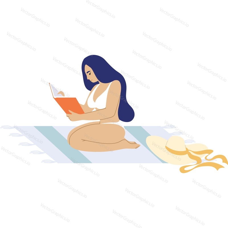 Молодая женщина читает книгу на пляже векторная иконка, изолированная на белом фоне.