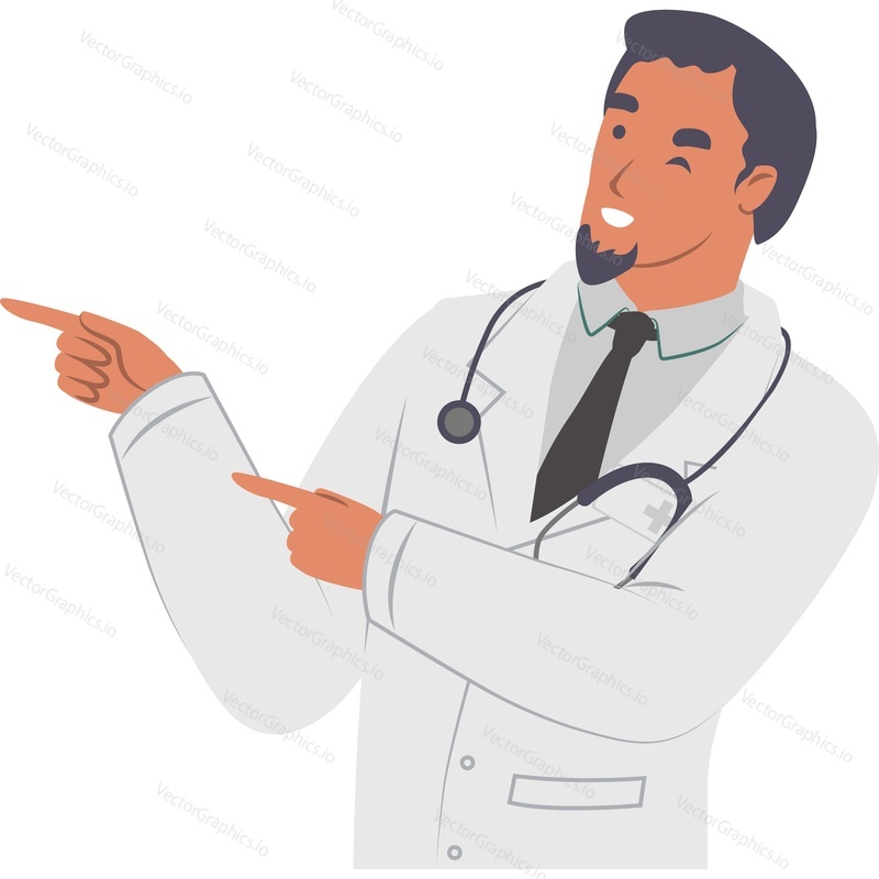Дружелюбно улыбающийся доктор подмигивает глазом и указывает в сторону двумя руками векторная иконка, выделенная на белом фоне