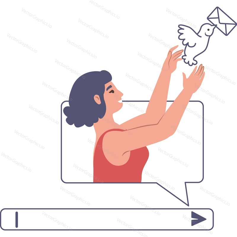 Женщина, отправляющая сообщение, векторный значок почты, изолированный на белом фоне