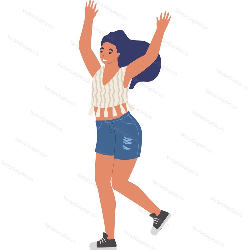 Happy smiling woman with raised hands vector icon isolated on white background.