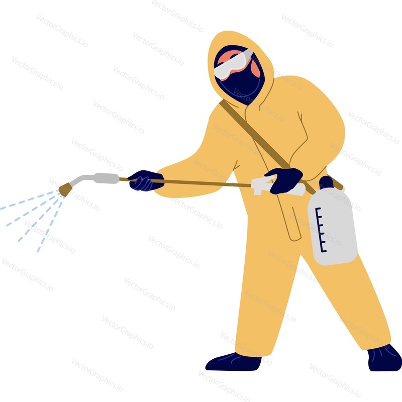 Sanitary and epidemiological station worker treating place against coronavirus vector icon isolated on white background. Viral pandemic concept.