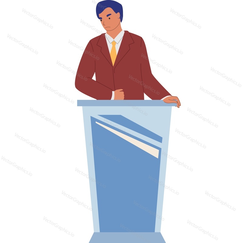 Человек за трибуной, выступающий на политических дебатах, векторная иконка, изолированная на белом фоне.