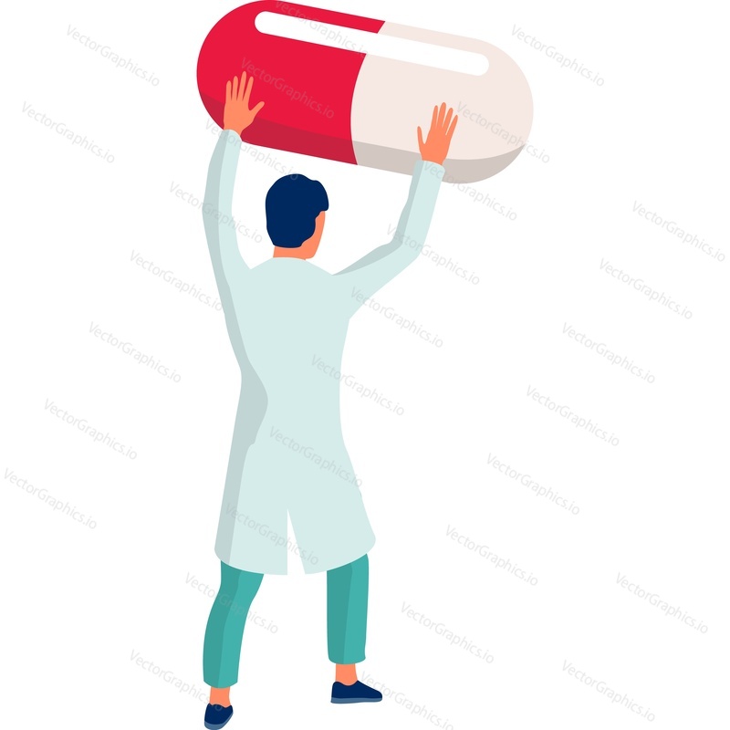 Male doctor with huge pill capsules in hands vector icon isolated on white background. Viral pandemic concept.