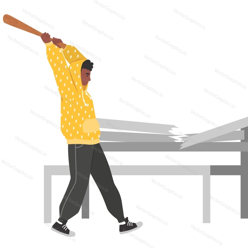 Teenager hooligan destroying bench with bat vector icon isolated on white background