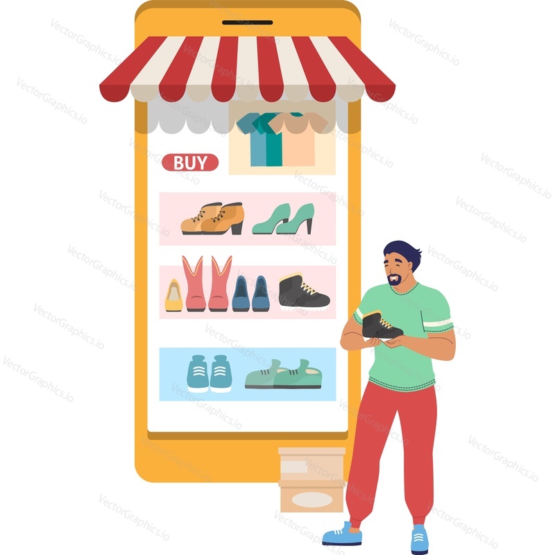 Мужчина покупает обувь в интернет-магазине на смартфоне векторная иконка, изолированная на белом фоне