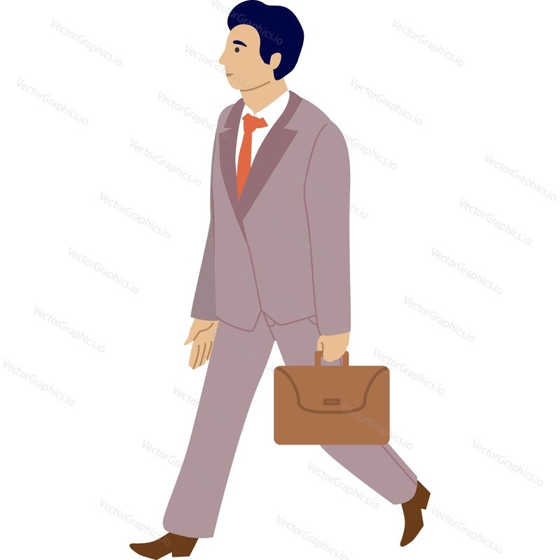 Бизнесмен, идущий с векторной иконкой чемодана, изолированной на белом фоне.