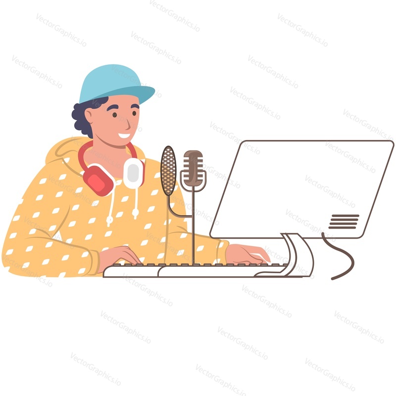 Sound engineer creating podcast on computer vector icon isolated on white background