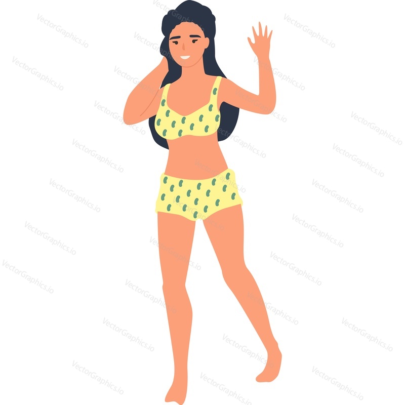 Pretty woman in vintage two-piece swimsuit vector icon isolated on white background.