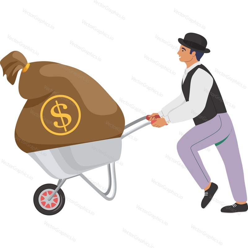 Fortune man pushing wheelbarrow with money bag vector icon isolated on white background