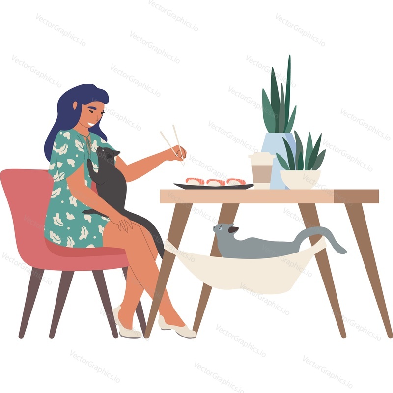 Женщина ест суши дома векторная иконка, изолированная на белом фоне.