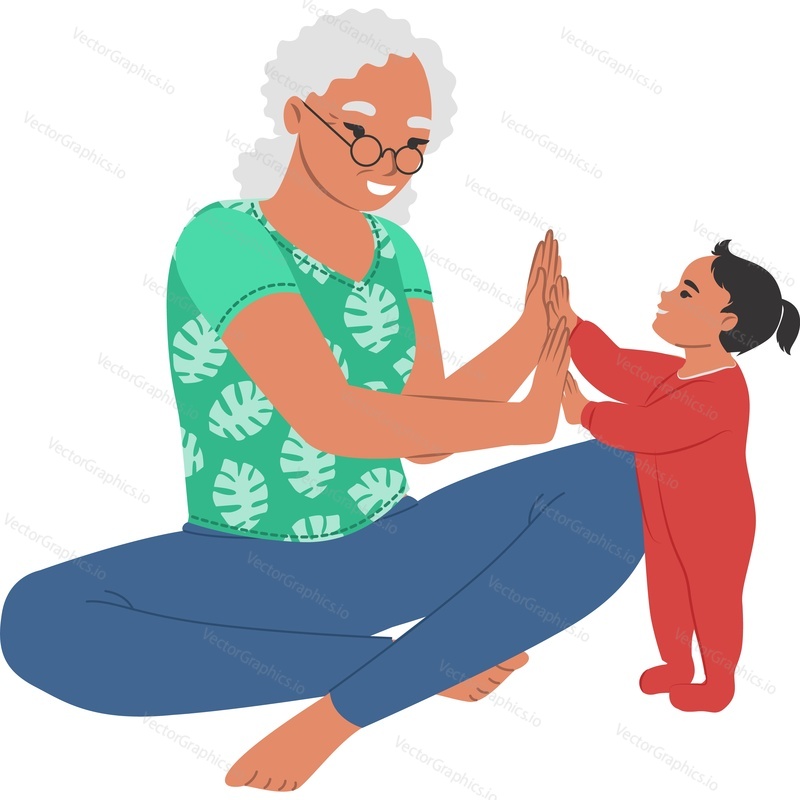 Grandmother playing with infant granddaughter vector icon isolated on white background