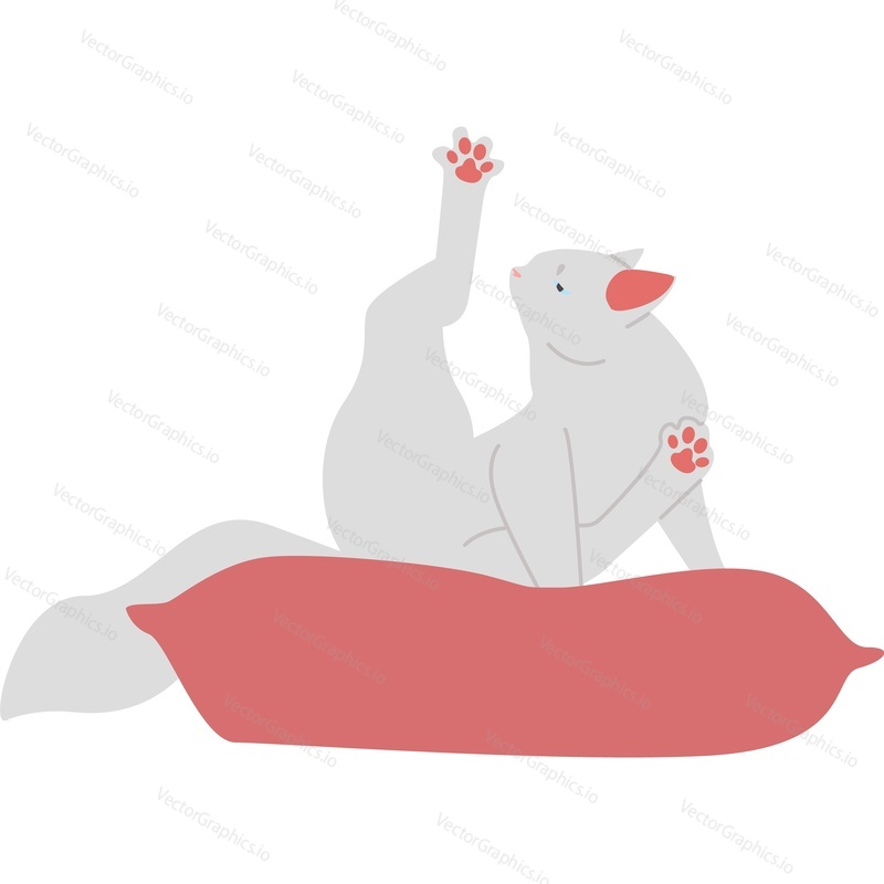 Cat washing himself sitting on pillow vector icon isolated on white background.