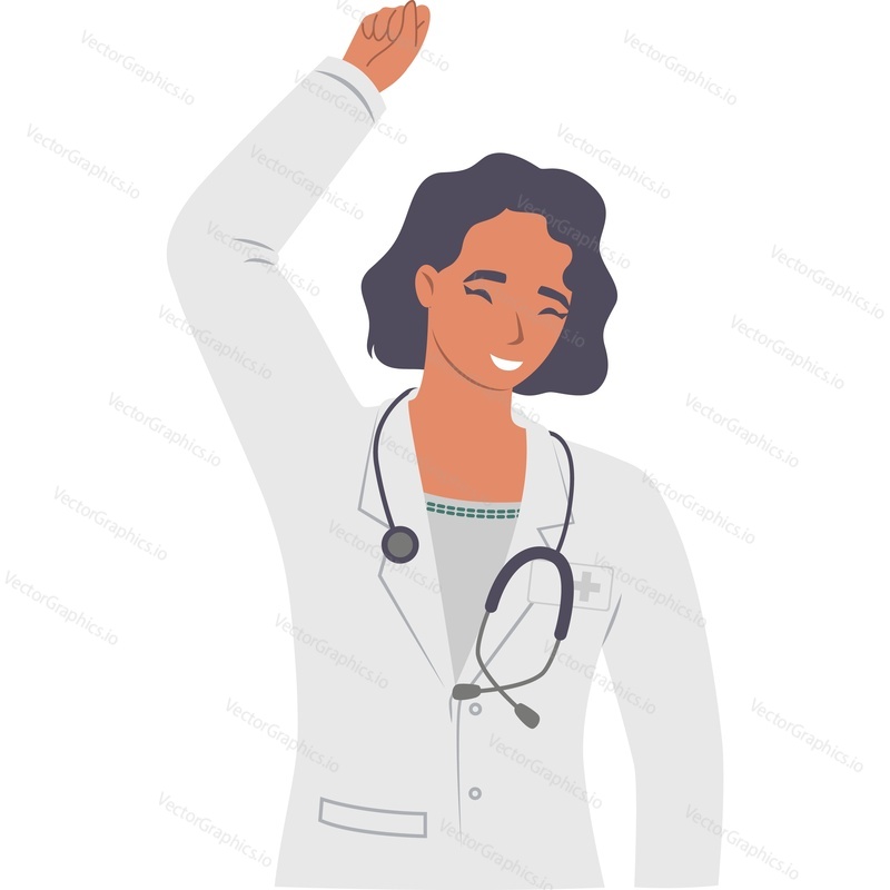 Woman doctor with raised hand overhead celebrating and rejoicing vector icon isolated on white background