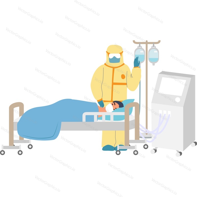 Paramedic in protective uniform providing first aid to a coronavirus patient vector icon isolated on white background. Viral pandemic concept.