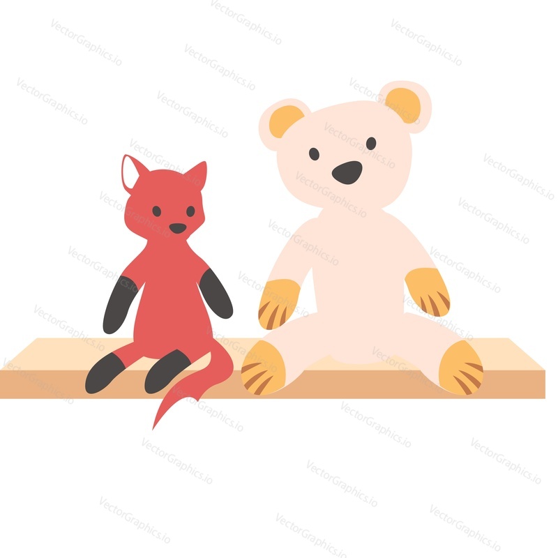 Teddy-bear and fox toys on shelf vector icon isolated on white background