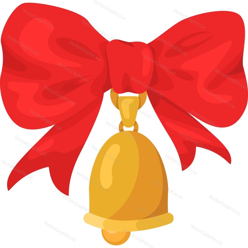Золотой колокольчик с красным бантом для празднования Рождества и Нового года векторная иконка, изолированная на белом фоне.