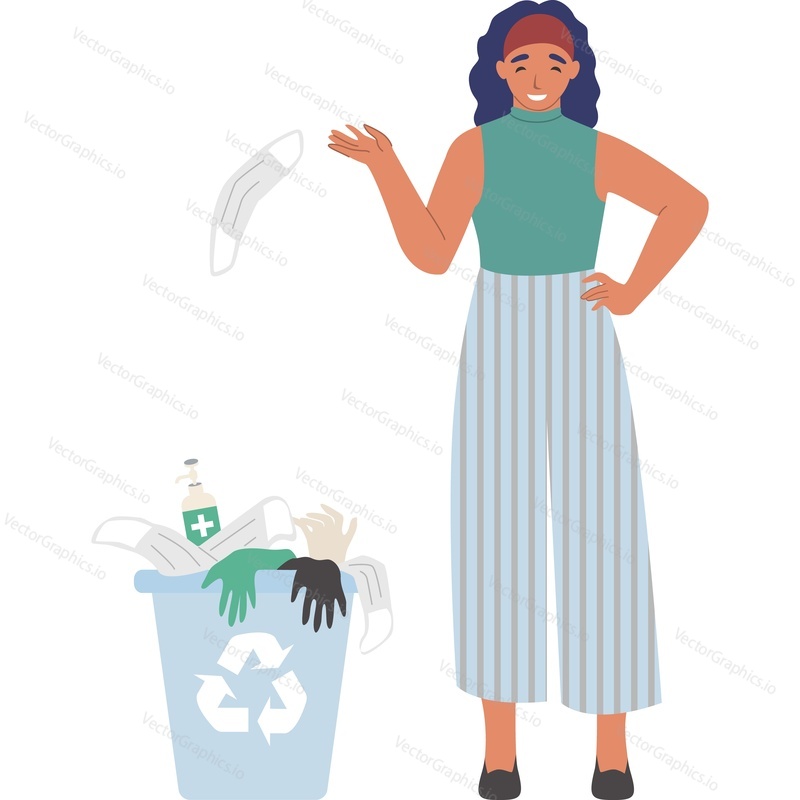 Woman throwing away used protective gloves, mask and sanitazer vector icon isolated on white background.