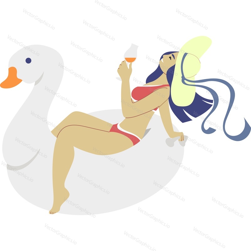 Элегантная счастливая женщина в купальнике и шляпе пьет алкогольный коктейль возле векторной иконки бассейна, изолированной на белом фоне.