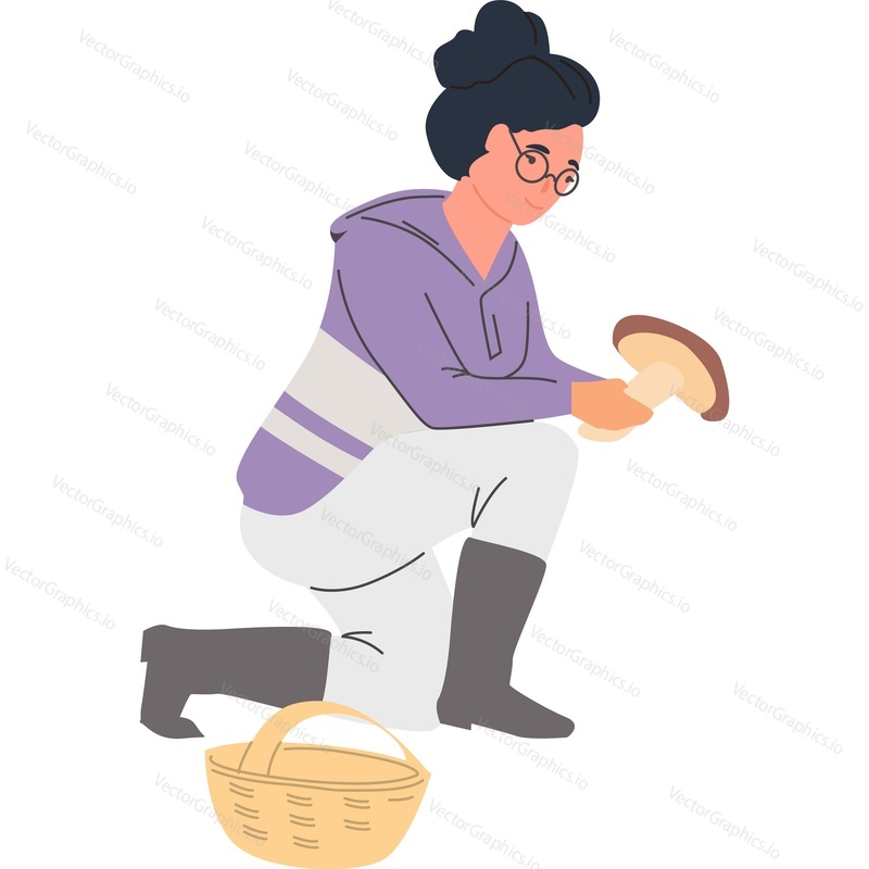 Woman picking mushrooms vector icon isolated on white background.