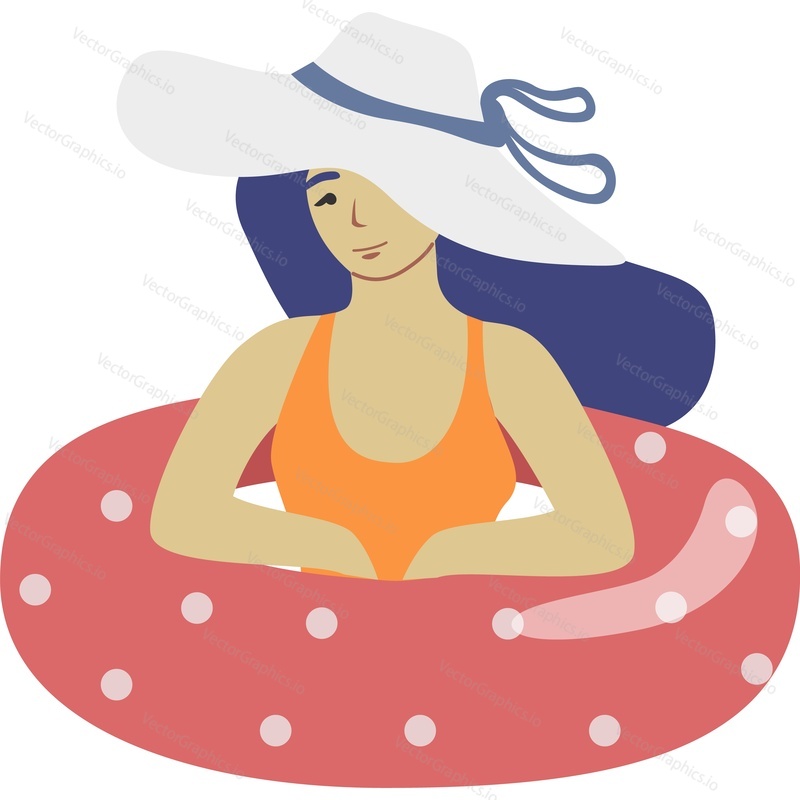 Элегантная женщина в купальнике и шляпе, плавающая в надувном круге, векторная иконка, изолированная на белом фоне.