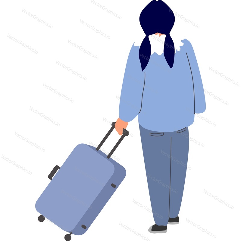 Woman traveler with luggage bag back view vector icon isolated on white background. Viral pandemic concept.