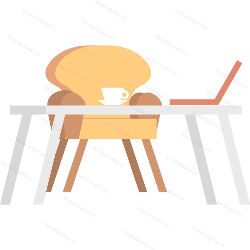 Home office interior with coffee-table, laptop computer and armchair vector icon isolated on white background. Viral pandemic concept.