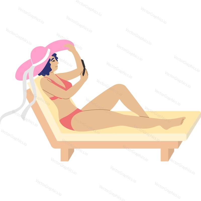 Woman sunbathing on beach lounger using mobiel phone vector icon isolated on white background.