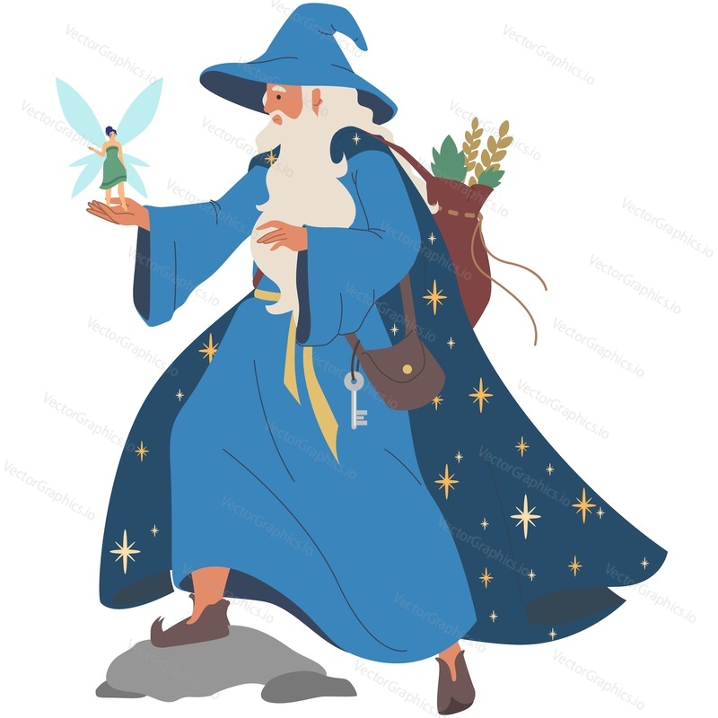 Male wizard holding little elf fairy on his hand vector icon isolated on white background.