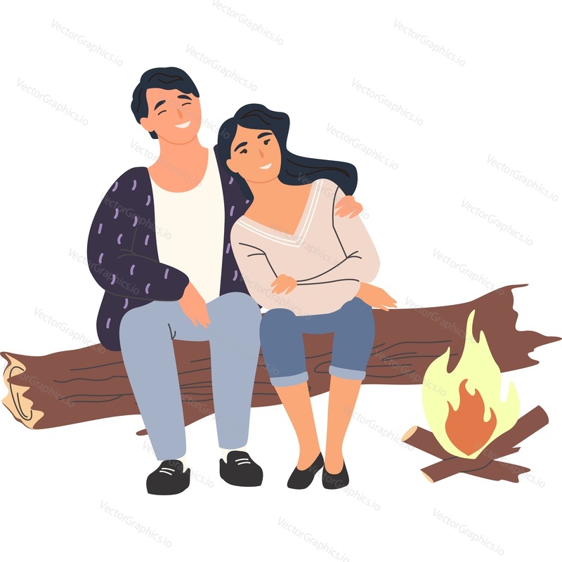 Loving couple sitting on log warming themselves in front of bonfire vector icon isolated on white background.