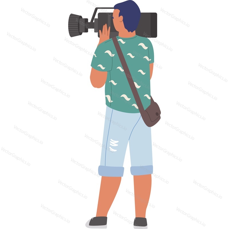 Male operator holding video camera vector icon isolated on white background.