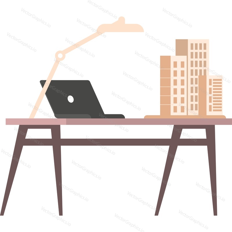 Architect desk with city new buildings model and laptop vector icon isolated on white background.