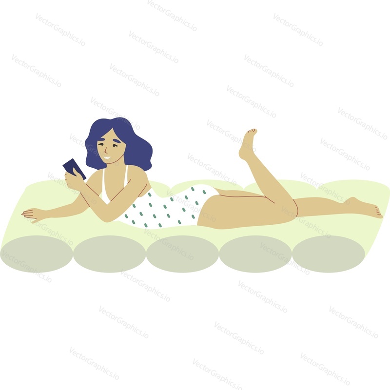 Привлекательная женщина, использующая мобильный телефон во время принятия солнечных ванн, векторная иконка, изолированная на белом фоне.