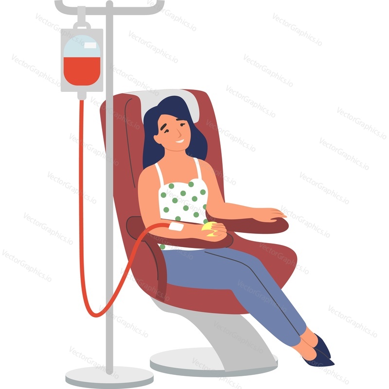 Young happy woman donating blood vector icon isolated on white background.
