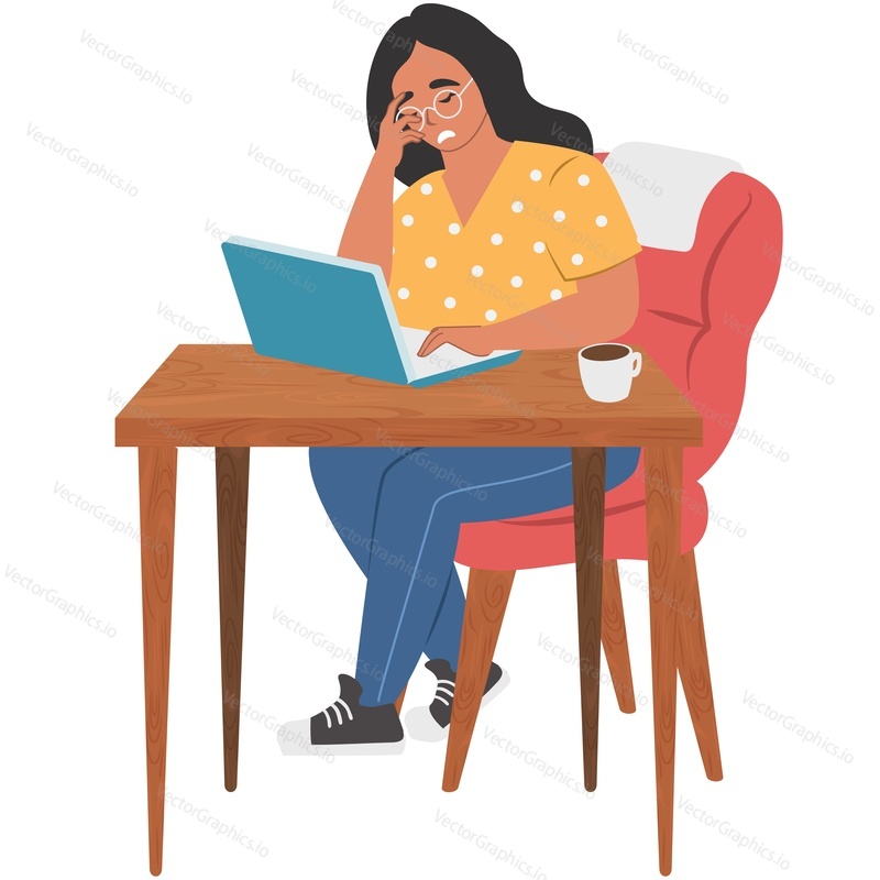 Tired woman working on laptop from home vector icon isolated on white background