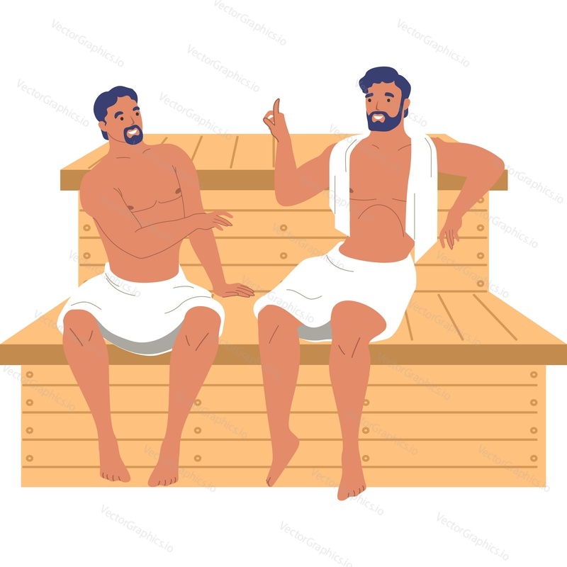 Веселые мужчины разговаривают в векторной иконке сауны, изолированной на белом фоне.