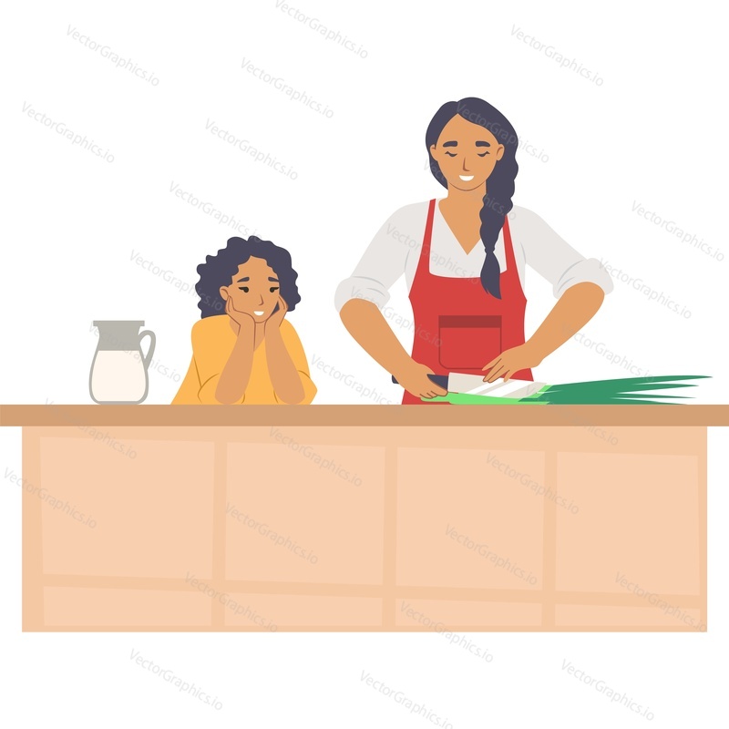 Мать учит дочь готовить векторную иконку, изолированную на белом фоне