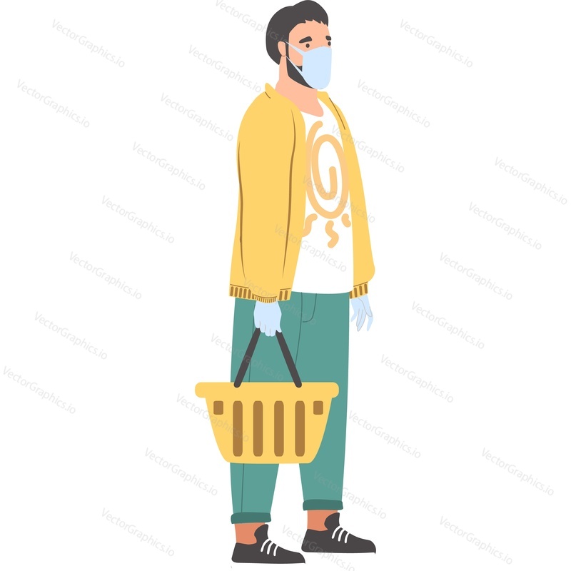 Man wearing facial medical mask holding grocery shopping basket vector icon isolated on white background