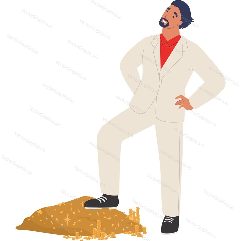Fortune successful man holding foot on gold money coin stack vector icon isolated on white background