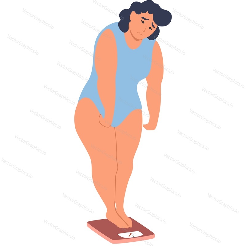 Upset overweight woman weighing herself on scales vector icon isolated on white background.